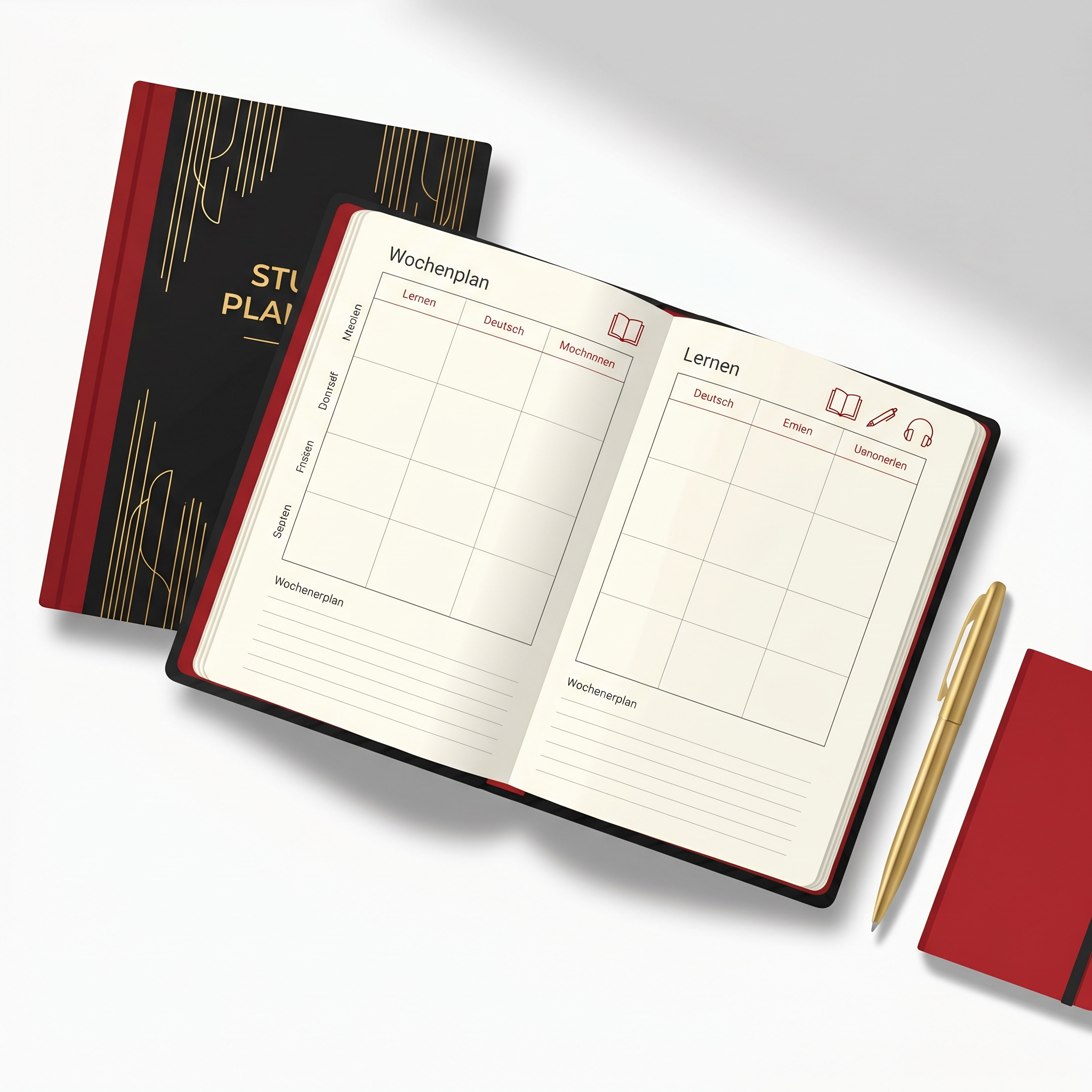 Premium German study planner open with weekly schedule